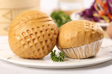 Delicious Cantonese brown sugar walnut buns with fluffy popping paste served with dim sum platter