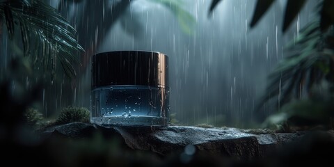 Cosmetic jar resting on rock in lush rainforest during rainfall