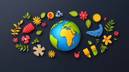 Earth day celebration with paper cut dove, flowers, and sun