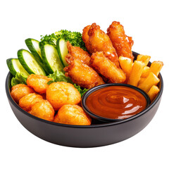 Delicious Assorted Appetizers with Dipping Sauce and Vegetables, isolated on transparent background.