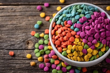 Colorful candy in a bowl on a rustic wooden table surrounded by scattered treats
