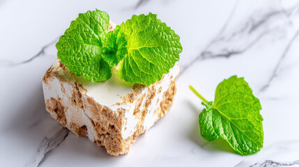 White nougat with mint leaves on marble surface