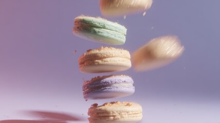 Colorful Macarons in Motion on a Soft Color Background