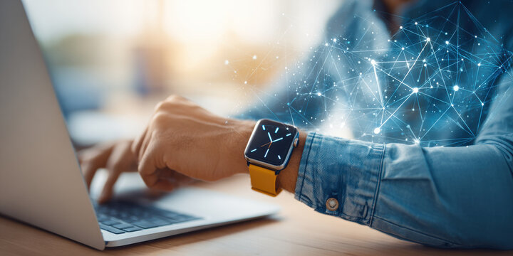 Businessman working on laptop wearing smartwatch with network connection visualization