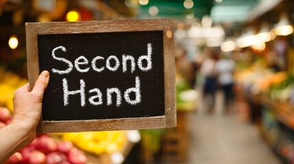 Second hand sign held in a market.