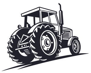 Silhouette of classic farm tractor with large rear wheel on white.