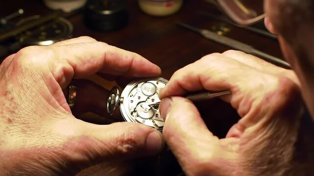 A skilled horologist meticulously assembles a watch: Close-up of clockmakers hands using miniature instruments to precisely fit the delicate cogs and mechanisms.