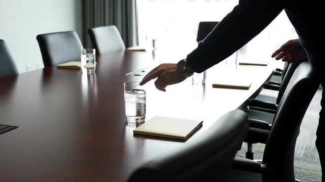 Preparing for a Meeting: A hand carefully places a refreshing glass of water and a notepad at each vacant seat along a lengthy, unoccupied conference table, ready for attendees.