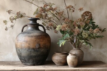 Clay pottery and dried flowers arranged on a rustic wooden table in an earthy interior setting