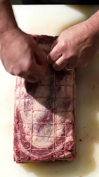 Close-up of a butchers hands expertly tying butchers twine around a sizable portion of raw meat: Preparing a large cut for curing, smoking, or roasting.