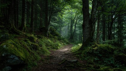 Misty forest path, mossy rocks