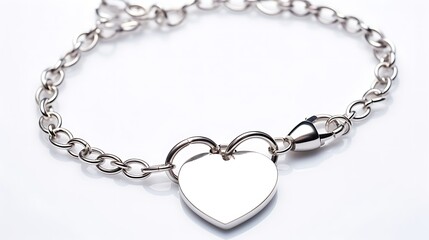 A thin silver bracelet with a heart pendant lying flat with the chain curled loosely around it, centered on a glossy white background, soft-focus edges with razor-sharp pendant detail
