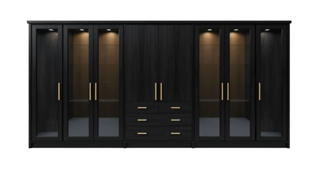 Modern black wooden wardrobe with glass doors isolated on transparent background