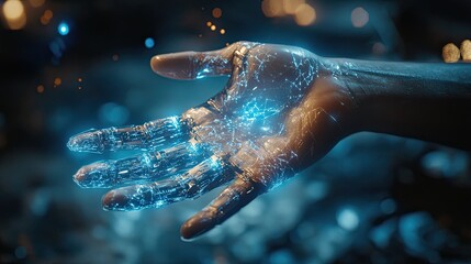 Human hand touching a robotic hand in a symbolic gesture, bridging humanity and technology 