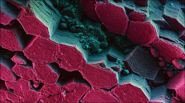 High Magnification SEM Microscopy: Hexagonal Crystal Lattice in Polycrystalline Solid-State Materials with Colorful Patterns and Geometric Shapes for Nanotechnology Research
