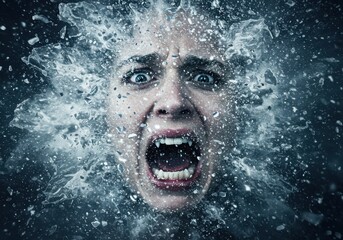 Closeup of a terrified womans face, screaming with wide eyes and an open mouth, surrounded by splashing water and ice