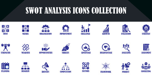 SWOT analysis icon collection on white background. Business analysis icons flat style. Containing strengths, weaknesses, opportunities, threats, advantage, assessment, framework
