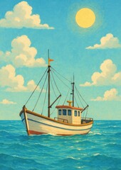 Serene fishing boat illustration.