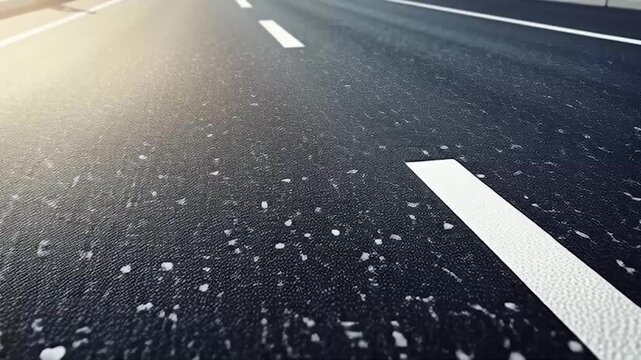 Close-up view of a dark asphalt road surface with small white specks and reflective white lines