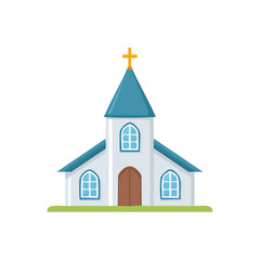 Cartoon church building with cross, religion architecture illustration