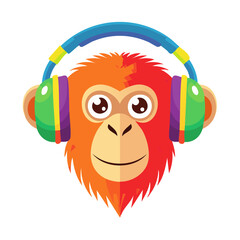 Colorful Monkey Listening to Music on a headphones Isolated on a Transparent Background 