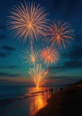 Vibrant fireworks illuminate serene beach.