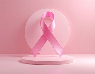Lazo rosa del cáncer de mama sobre podio rosado, concepto de concientización

