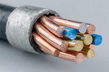 Detailed view of electrical wiring with multiple colored copper conductors in a protective casing