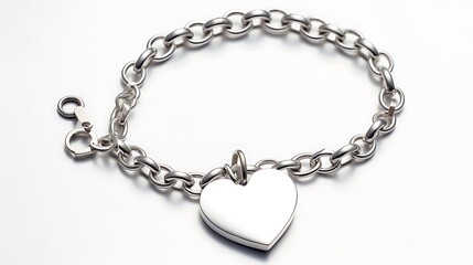 A thin silver chain bracelet with a small polished heart pendant placed delicately in a flat lay on a pure white background, reflecting soft natural light, minimalistic composition