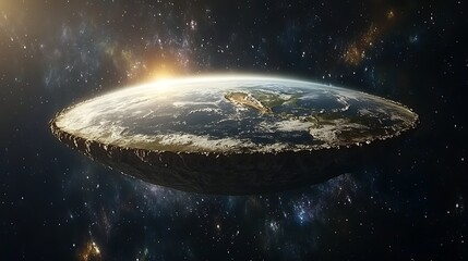 Flat Earth Sunrise from Space: Digital Illustration of a Flat Disc-Shaped Planet with Starry Background