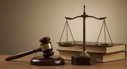 Justice Scales Gavel Law Books Legal Theme Brown Background Serious Tone