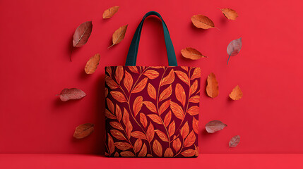 Red Leaf Pattern Eco Tote Bag Mockup with Autumn Leaves on Red Background