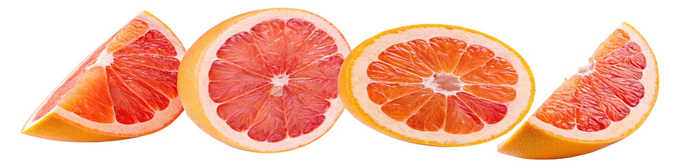 Four fresh grapefruit slices displayed on a white background in close-up view for kitchen inspiration