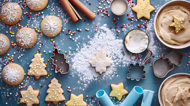 Flatlay of Christmas Baking: Cookie Cutters Dough and Sprinkles, in high resolution clean minimal style stock photo illustration background image ideal for templates advertisements and web banners sho