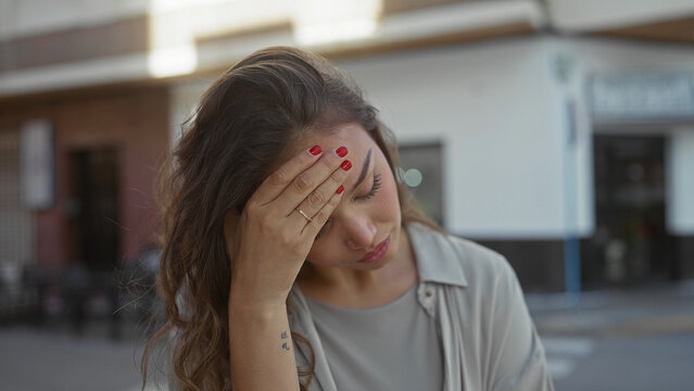 Young woman outdoors on a street showing thinking expression in an urban setting.