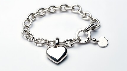 A thin silver chain bracelet with a small embossed heart pendant laid in a simple oval on an unblemished white backdrop, captured with perfect focus and metallic sheen