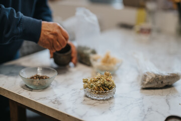 A senior man arranging dried herbal components in glass bowls on a marble surface, showcasing a natural and wholesome preparation process.
