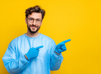 Handsome man in a blue medical gown and rubber gloves, pointing with his fingers to the side on a yellow background