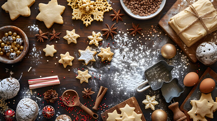 Flatlay of Christmas Baking: Cookie Cutters Dough and Sprinkles, in high resolution clean minimal style stock photo illustration background image ideal for templates advertisements and web banners sho