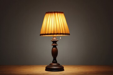 Elegant wooden lamp with pleated shade illuminating a dark room