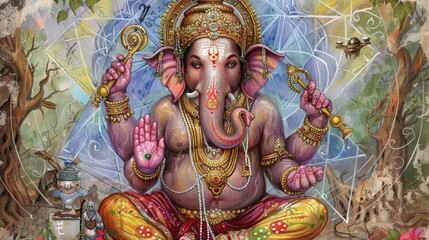 Obraz premium Majestic Ganesha Seated Standard Scale Digital Illustration Serene Forest Frontal View Spiritual Essence