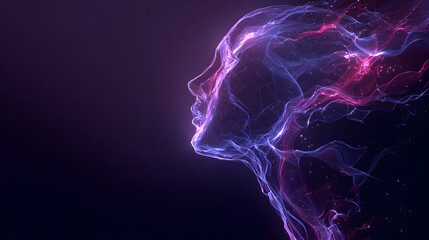 Glowing wireframe human head with light pulses in a dark void, futuristic ai concept