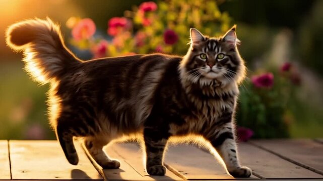 A fluffy cat walking on a wooden surface with flowers and sunlight in the background outdoors animal video