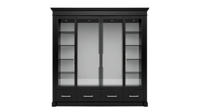 Modern black wooden wardrobe with glass doors isolated on transparent background - Powered by Adobe