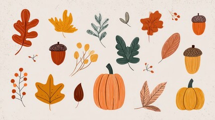 Obraz premium A collection of autumnal elements, including leaves, acorns, berries, and pumpkins, rendered in a simple, hand-drawn style against a neutral background. The elements are in warm, earthy tones