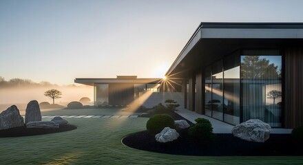 Modern Home Exterior with Landscaping in Morning Sunlight