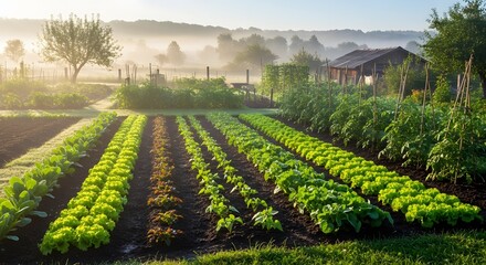 Lush Vegetable Garden Rows in Morning Mist with Rustic Shed
