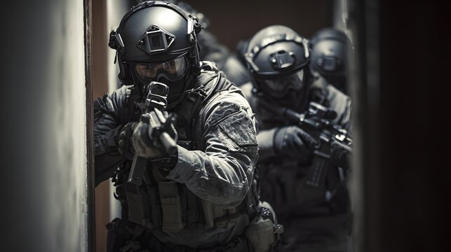 Intense SWAT Tactical Raid Training: Helmeted Special Forces in Dark Interior Combat Gear Execute Urban Warfare Hostage Rescue and Counter-Terrorism Mission with Strategic Bravery