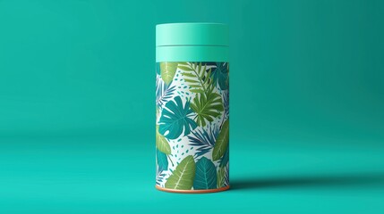 Obraz premium Cylindrical Cosmetic Jar with Vibrant Tropical Botanical Pattern and Mint Green Cap – Centered on Teal Background Product Branding Mockup