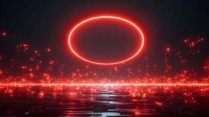 Sci-fi portal of red neon rings and glitch pixels floating in a void with glowing fragments